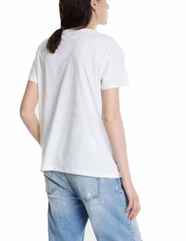 Camiseta Manga Corta Desigual Cuentas Blanca Mujer